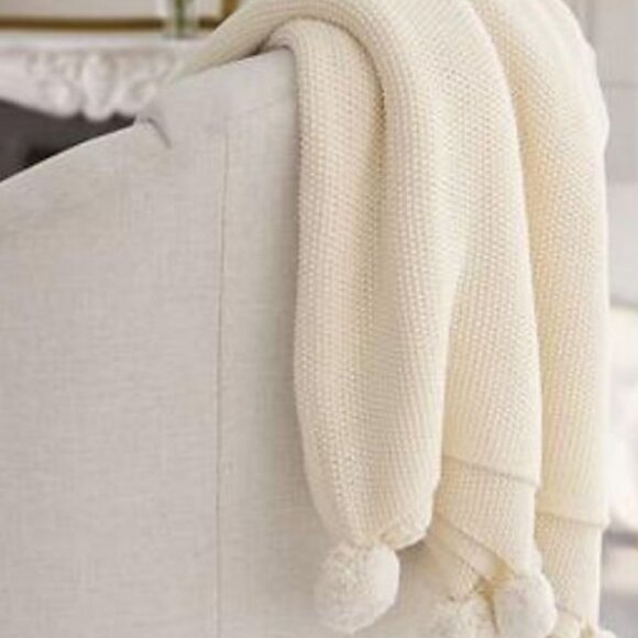 Cream Cotton Seedstitch Throw with Pompoms – 50" x 60" All-Season Blanket - Picture 1 of 5